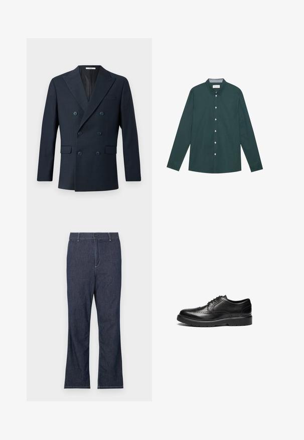 Marineblauer doppelreihiger Blazer aus strukturiertem Stoff, mit breiten Revers, vier blauen Knöpfen und zwei vorderen Taschen mit einem dezenten Karomuster.; Dunkelgrünes Langarmhemd aus glattem Material, mit klassischem Kragen, vorderer Knopfverschluss und subtilen weißen Nähten.; Dunkelblaue Jeans aus Denim mit geradem Beinverlauf, ausgestattet mit einem Knopfverschluss und kontrastierenden weißen Nähten an Taschen und Nähten.; Schwarze Leder-Dressschuhe mit Broguedetails, runder Zehenform und strukturiertem Sohlen. Verfügt über klassische Schnürung und einen stabilen Absatz für Unterstützung.