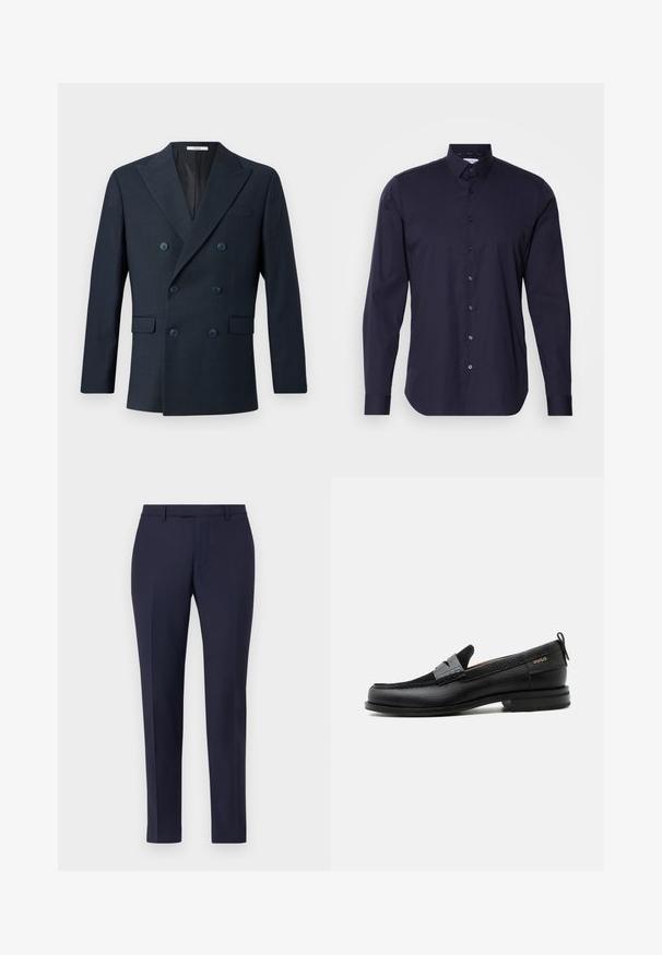 Marineblå dobbeltbrystet blazer i tekstureret stof med brede revers, fire blå knapper og to frontlommer med et subtilt ternet mønster.; Marineblå skjorte med lange ærmer, klassisk krave og slim fit design. Fremstillet af glat stof med et diskret logo på brystet.; Marineblå skræddersyede bukser med et elegant design, flad front, smalle ben og ingen synlige detaljer eller mønstre. Glat stoftekstur.; Sort læderloafer med grå remdetalje, lav hæl og tekstureret sål, mærket med "HUGO" i guld på siden.