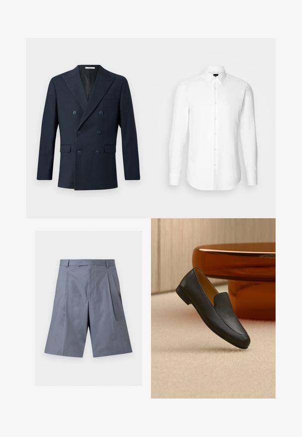 Marineblauer doppelreihiger Blazer aus strukturiertem Stoff, mit breiten Revers, vier blauen Knöpfen und zwei vorderen Taschen mit einem dezenten Karomuster.; Weißes Langarmhemd, vorne mit Knöpfen, klassischer Kragen, aus glattem Stoff mit feiner Textur, für eine figurnahe Passform entworfen.; Graue kniehohe Shorts mit Gürtelschlaufen, vorderen Falten und einem verdeckten Reißverschluss, dargestellt auf weißem Hintergrund.; Schwarzer Lederschuh (Loafer), der auf beigem Teppich liegt, mit einem glänzenden braunen runden Tisch im Hintergrund.