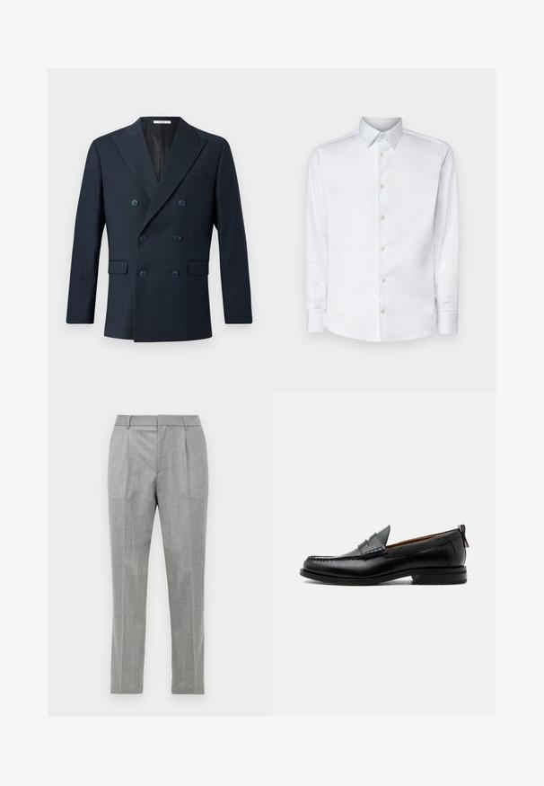 Marineblauwe dubbele blazer van geweven stof, met brede revers, vier blauwe knopen en twee opgestikte zakken met een subtiel ruitpatroon.; Witte lange mouw shirt gemaakt van gladde stof, met een klassieke kraag, knoopsluiting en manchetten met knopen, gepresenteerd tegen een effen achtergrond.; Lichtgrijze op maat gemaakte dresspants met voorplooien, riemlussen en een rechte pijp tegen een witte achtergrond.; Zwarte leren herensloffen met moc toe stiksel, pennyriem, gestructureerde kraag en lage gestapelde hak op witte achtergrond.