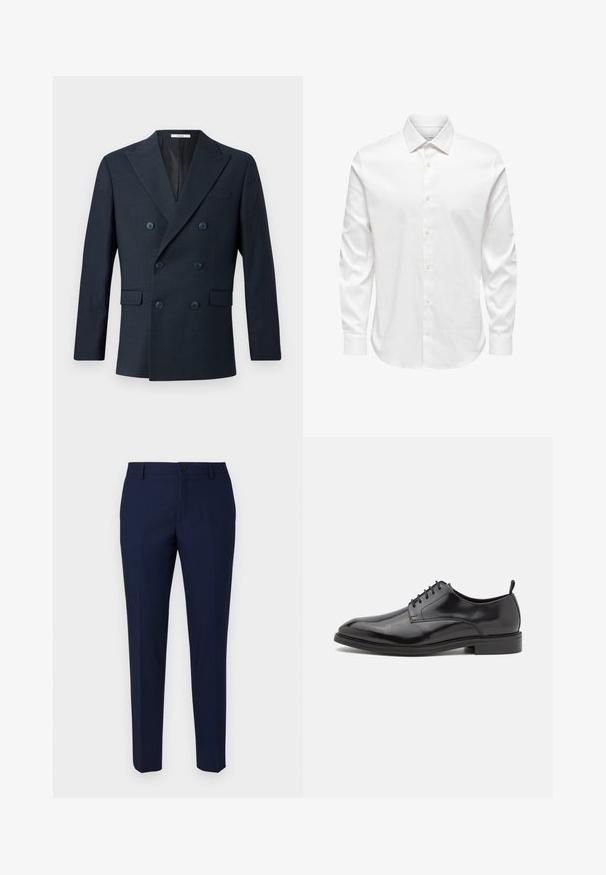 Blazer navy à double boutonnage en tissu texturé, avec un large col, quatre boutons bleus et deux poches avant avec un motif à carreaux discret.; Chemise blanche pour homme à manches longues avec col pointu et rangée avant de boutons blancs sur fond uni.; Pantalons ajustés bleu marine en tissu lisse, dotés d'une fermeture à bouton, d'un devant plat et de jambes fuselées pour une coupe moderne.; Chaussure habillée en cuir noir avec une finition lisse, un bout rond et un design à lacets. Comprend une semelle en caoutchouc noir de profil bas et un petit talon.