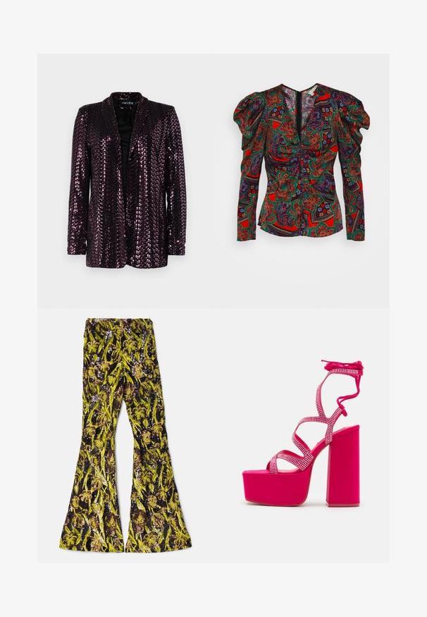 Blazer pailleté en violet foncé avec une doublure noire. Présente un col cranté et des manches longues, mettant en valeur une surface brillante et texturée.; Veronica Beard SIMMONS - Blouse - flame red multi; AKNVAS EXCLUSIVE LENNON BEADED PANT - Pantalon classique - ink citrine; Steve Madden CHAMPAGNE - Sandales à plateforme - pink