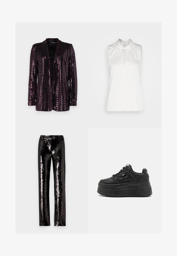 Blazer pailleté en violet foncé avec une doublure noire. Présente un col cranté et des manches longues, mettant en valeur une surface brillante et texturée.; Anna Field Débardeur - off-white; Pantalons noirs en sequins avec une coupe droite, présentant une texture brillante et une surface scintillante qui reflète la lumière. Pas de fermetures visibles.; Baskets plateformes noires avec une tige en cuir lisse, bout rond, à lacets sur le devant et semelle en caoutchouc texturée avec des accents géométriques.