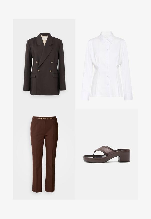 Dunkelbrauner, doppelt geknöpfter Blazer mit gezackten Revers, zwei Vordertaschen und hellfarbiger Fütterung. Hergestellt aus einem glatten, strukturierten Stoff.; Weiße, langärmlige Bluse mit Knopfleiste, spitzem Kragen, tailliertem Schnitt und sichtbarem Markenetikett "Gestuz" innen am Kragen.; Braune, maßgeschneiderte Hose mit glatter Textur, ausgestattet mit einem goldenen Kettenakzent am Hüftbund und gerader Beinform.; Braune Sandale mit Absatz, Netzriemen und Zehensteg, ausgestattet mit einem Blockabsatz und einer genähten Sohle, seitlich auf weißem Hintergrund abgebildet.