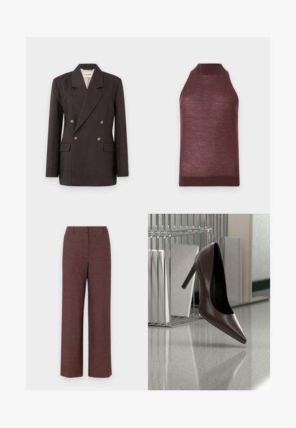 Blazer double boutonné marron foncé avec des revers en pointe, deux poches avant et une doublure claire. Confectionné dans un tissu lisse et structuré.; Top tricoté marron sans manches avec col haut et ourlet côtelé, présenté sur un fond clair uni.; Pantalons larges marron en tissu texturé avec une finition lisse, présentant un devant plat, des passants de ceinture et des poches latérales.; Chaussure en cuir marron foncé à talon haut flottant au-dessus d'un sol réfléchissant près d'une étagère métallique avec des panneaux blancs dans une pièce.