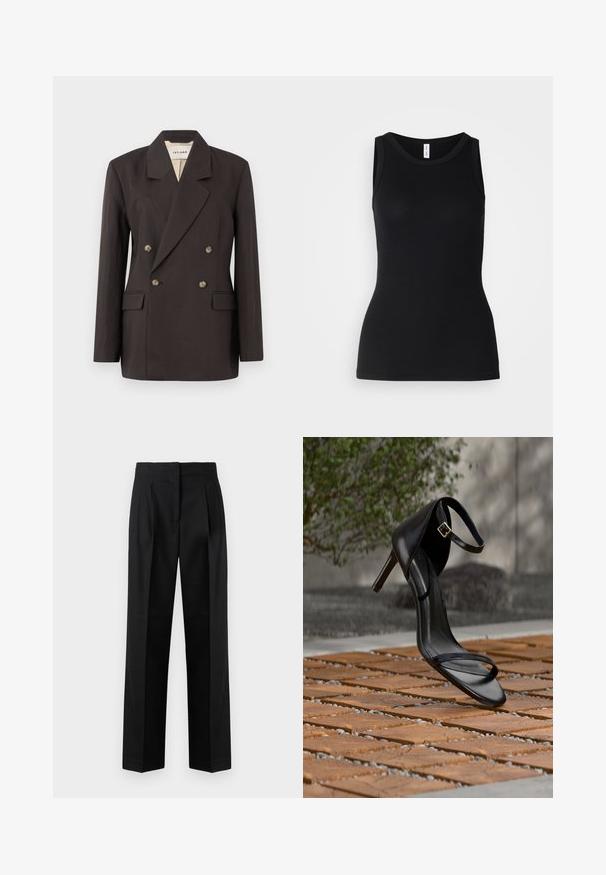 Dunkelbrauner, doppelt geknöpfter Blazer mit gezackten Revers, zwei Vordertaschen und hellfarbiger Fütterung. Hergestellt aus einem glatten, strukturierten Stoff.; Schwarzes ärmelloses Tanktop aus geripptem Stoff, mit rundem Ausschnitt und figurbetontem Design, glatter Textur und ohne Muster.; Schwarze Hose aus gewebtem Stoff, mit einem maßgeschneiderten Design, Falten, geradem Bein und flachem Bund. Strapazierfähige und glatte Textur.; Schwarze Sandalette mit hohem Absatz und Knöchelriemen schwebt über einem Holzboden im Freien vor verschwommenem Grün und Steinhintergrund.