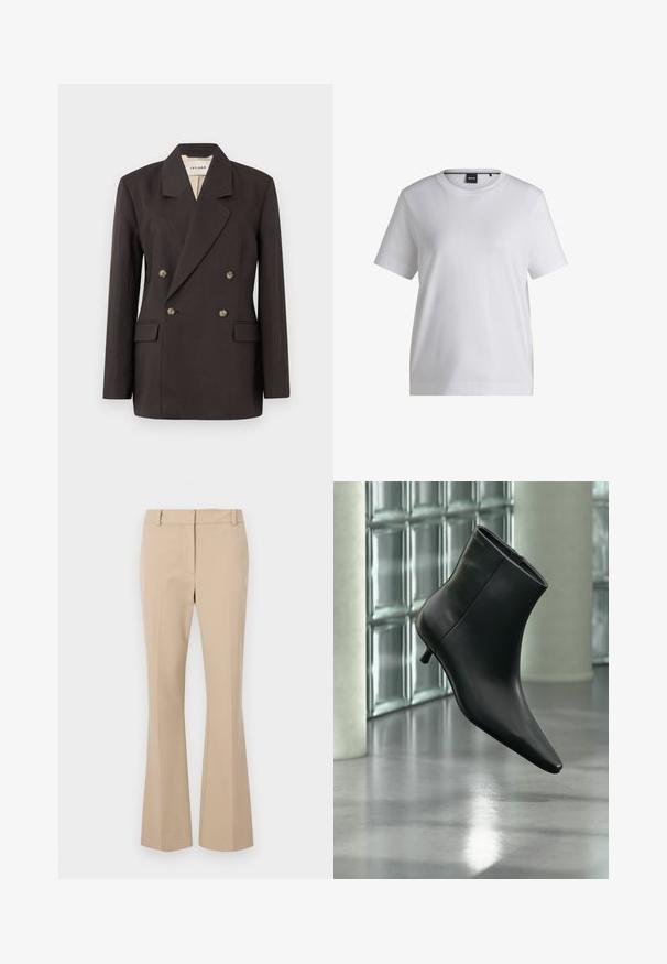 Dunkelbrauner, doppelt geknöpfter Blazer mit gezackten Revers, zwei Vordertaschen und hellfarbiger Fütterung. Hergestellt aus einem glatten, strukturierten Stoff.; Weißes Baumwoll-T-Shirt mit rundem Halsausschnitt, kurzen Ärmeln und bequemer Passform. Mit einem kleinen Markenschild nahe dem Kragen.; Beige Stoffhose mit geradem Schnitt, flachem Bund, Gürtelschlaufen und glatter Textur. Keine sichtbaren Taschen oder Muster.; Schwarzer Leder-Stiefelette mit spitzer Zehenpartie und niedrigem Kitten-Heel, schräg dargestellt vor einem polierten Boden und einer Glasbausteinwand.