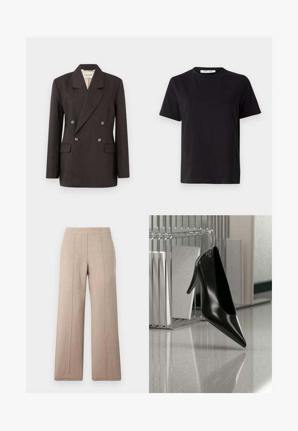 Blazer double boutonné marron foncé avec des revers en pointe, deux poches avant et une doublure claire. Confectionné dans un tissu lisse et structuré.; T-shirt noir à manches courtes en coton doux, avec un col rond, une coupe décontractée et une texture lisse. Pas de motifs ni de graphiques visibles.; Pantalons larges beige en tissu léger, avec des plis à l'avant, une ceinture lisse et une coupe droite aux ourlets nets.; Chaussure noire à talon haut avec bout pointu et logo doré, posée sur une surface réfléchissante près d'un organiseur de dossiers en fil chromé contenant des documents.