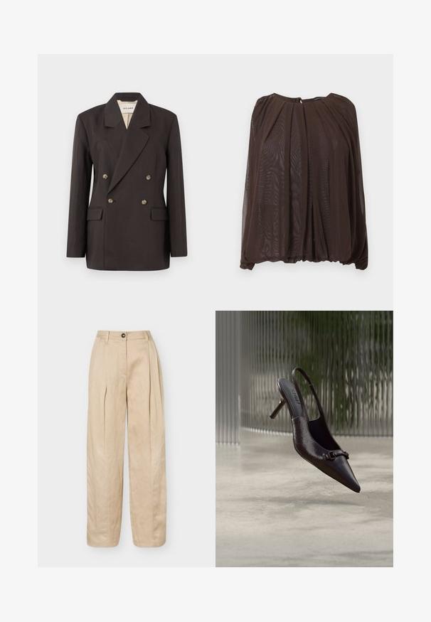 Blazer double boutonné marron foncé avec des revers en pointe, deux poches avant et une doublure claire. Confectionné dans un tissu lisse et structuré.; Blouse transparente marron foncé avec manches longues, encolure froncée et coupe ample et fluide sur un fond uni.; Pantalon beige à jambes larges avec plis avant, passants de ceinture, fermeture par bouton et finition lisse.; Escarpin slingback noir brillant à bout pointu avec une petite boucle décorative, flottant au-dessus d'un sol en béton avec un fond en verre texturé.