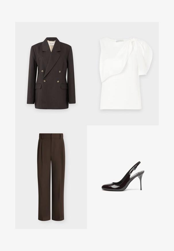 Blazer double boutonné marron foncé avec des revers en pointe, deux poches avant et une doublure claire. Confectionné dans un tissu lisse et structuré.; Haut sans manches blanc avec détail de tissu superposé asymétrique et manches bouffantes froncées sur une épaule, présenté à plat sur un fond blanc.; Pantalon formel coupe droite marron foncé avec passants de ceinture et plis à l'avant, présenté sur un fond clair uni.; Talons slingback en cuir verni bourgogne avec un bout arrondi, un talon fin et haut, et une sangle ajustable. Texture douce avec finition brillante.