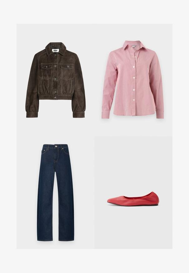 Veste courte en suède marron foncé avec fermeture à boutons, deux poches poitrine à rabat, poignets élastiques et col, étiquette Drykorn.; Chemise à manches longues à rayures verticales rouges et blanches, boutonnée, avec col et poignets, présentée à plat sur un fond blanc.; Jeans taille haute, bleu foncé, coupe droite, fermeture boutonnée et zip à l'avant, design classique à cinq poches.; Filippa K REY FLATS - Ballerines - bright red
