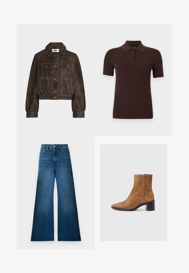 Veste courte en suède marron foncé avec fermeture à boutons, deux poches poitrine à rabat, poignets élastiques et col, étiquette Drykorn.; Polo en maille côtelée à manches courtes de couleur brun foncé avec trois boutons et un col classique, présenté sur un fond uni.; Jean en denim bleu foncé taille haute avec un design à jambes larges, doté de poches standard et de coutures contrastantes. Texture lisse, sans ornements.; Bottine en suede marron avec un bout pointu, un talon moyen rectangulaire et un discret logo en relief. Fermeture éclair sur le côté.