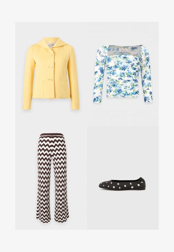 Veste jaune sur mesure avec col large, trois boutons embossés d'ancres et deux poches avant, présentée sur un fond uni.; Haut blanc à manches longues avec motif floral bleu et vert, encolure carrée, devant froncé et silhouette ajustée.; Pantalon tricoté marron et blanc à motif zigzag, avec jambes légèrement évasées et ceinture côtelée sur un fond uni.; Chaussure ballerine noire à bride élastique à l'arrière, ornée de gros clous ronds argentés dispersés sur le dessus, vue de profil sur fond blanc.