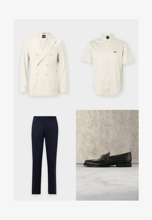 Blazer croisé en velours côtelé crème avec revers crantés, six boutons, poches plaquées avant et poche poitrine passepoilée par BOSS.; Chemise blanche à manches courtes avec boutons-pression, col boutonné, logo "BOSS" noir sur la poitrine, et étiquette verte à l'intérieur du col.; Pantalons formels ajustés bleu marine avec passants de ceinture et plis repassés, présentés sur fond blanc uni.; Mocassin en cuir noir avec mors en métal doré et logo "HUGO", présenté sur un tapis beige et un meuble translucide marron.