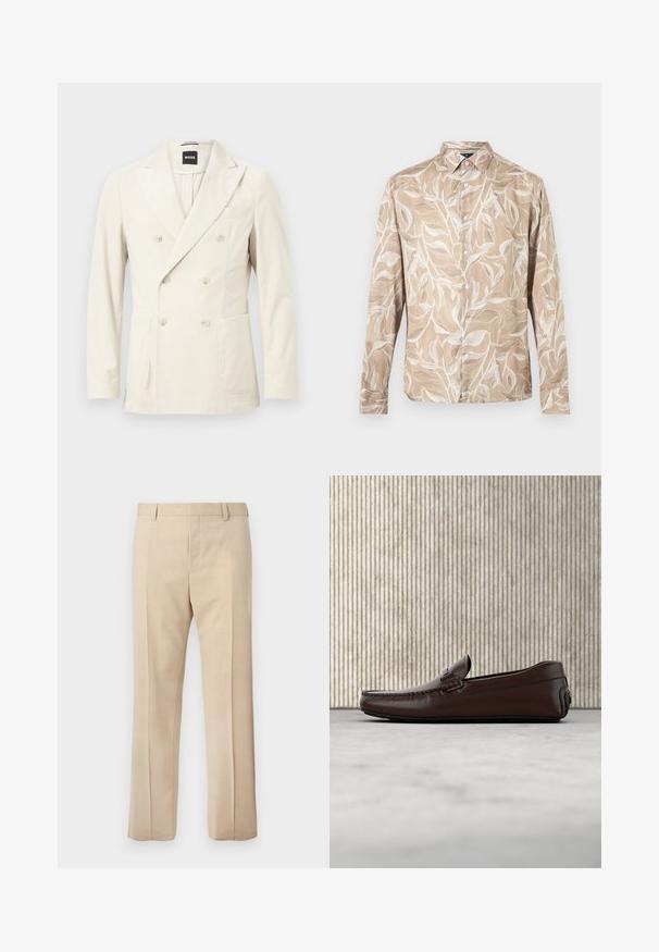Blazer croisé en velours côtelé crème avec revers crantés, six boutons, poches plaquées avant et poche poitrine passepoilée par BOSS.; Chemise beige à manches longues avec boutons sur le devant, motif de vigne feuillue blanche et col pointu.; Pantalon beige sur mesure avec passants pour ceinture, pli devant et fermeture éclair dissimulée, présenté sur un fond uni.; Mocassins en cuir marron avec une finition lisse, des coutures de style mocassin, un bout rehaussé et une semelle en caoutchouc basse et flexible.