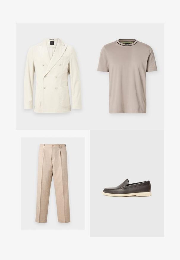 Blazer croisé en velours côtelé crème avec revers crantés, six boutons, poches plaquées avant et poche poitrine passepoilée par BOSS.; T-shirt beige à manches courtes et col rond côtelé, avec des rayures noires et vertes sur le col et le logo "BOSS" à l'intérieur du col.; Pantalon beige à jambes droites avec plis, fermeture par bouton, passants pour ceinture et coupe ajustée.; Chaussures à enfiler en cuir marron avec une surface texturée et une semelle beige clair contrastante, présentant un bout arrondi et de minimalistes détails de couture.