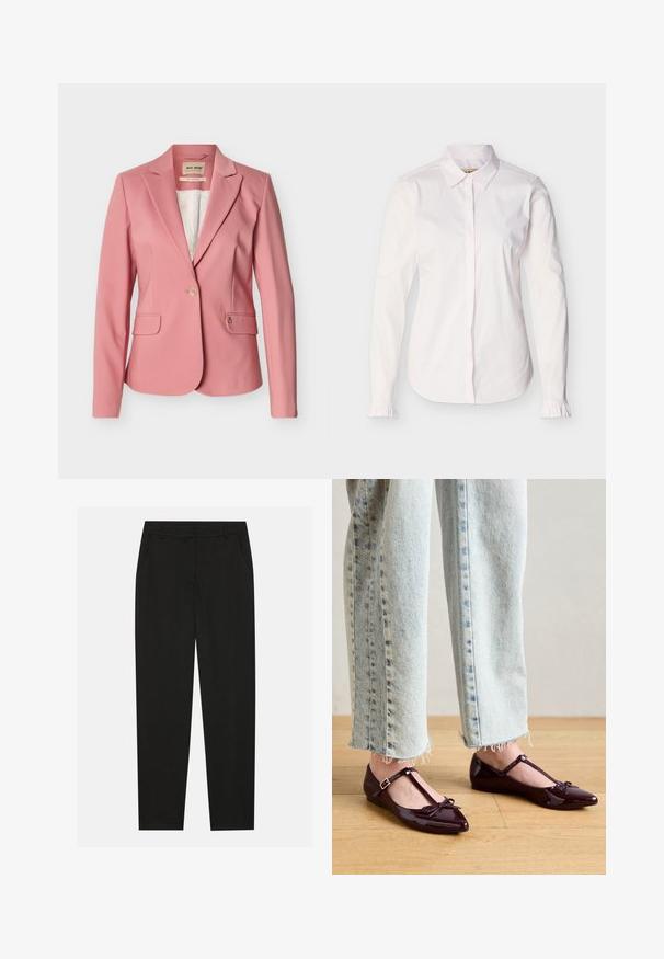 Veste rose pour femmes, cintrée, avec revers crantés, fermeture par un seul bouton, poches à rabat et doublure intérieure blanche à motifs.; Chemise blanche à manches longues pour femmes avec col pointu, boutons cachés sur le devant et petits volants aux poignets.; Pantalon noir au design ajusté, doté de poches latérales et d'une jambe droite. Fabriqué en tissu lisse et léger avec une finition élégante.; Ballerines bordeaux brillantes avec une bride en T, ornées d'un nœud à l'avant. Portées avec un jean court en denim bleu clair.