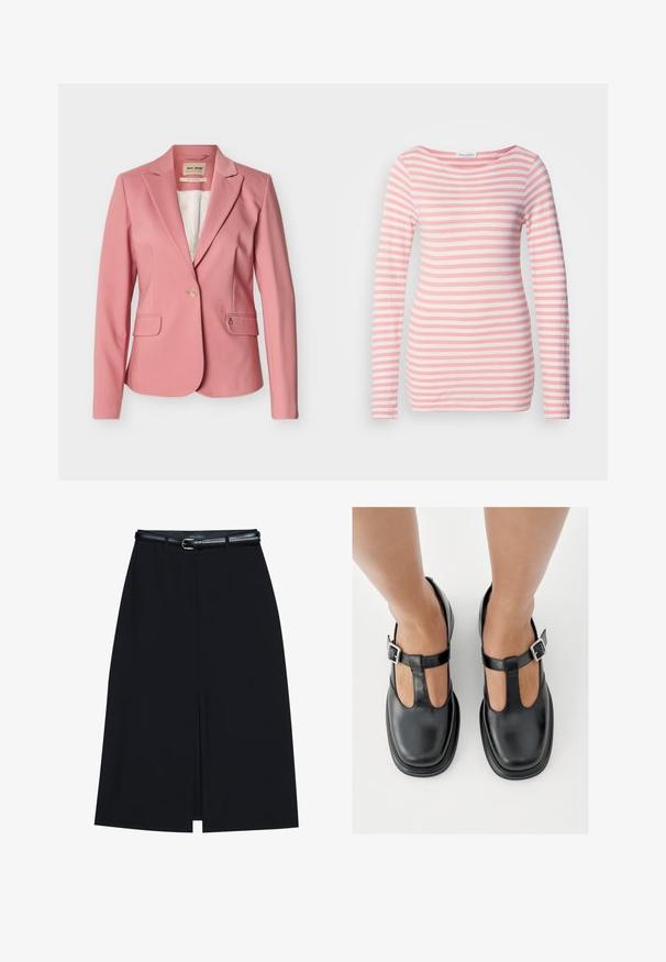 Veste rose pour femmes, cintrée, avec revers crantés, fermeture par un seul bouton, poches à rabat et doublure intérieure blanche à motifs.; Chemise à manches longues à rayures horizontales roses et blanches. Tissu en coton doux avec un large col et une coupe slim. Pas de matériel notable.; Jupe noire à mi-cuisse avec une fente frontale, fabriquée en tissu lisse. Comprend une fine ceinture noire avec une boucle en argent et des passants.; Chaussures en cuir noir avec un design à bride en T, bout fermé et accents de boucles argentées. Texture lisse avec un bout arrondi et une semelle plate.