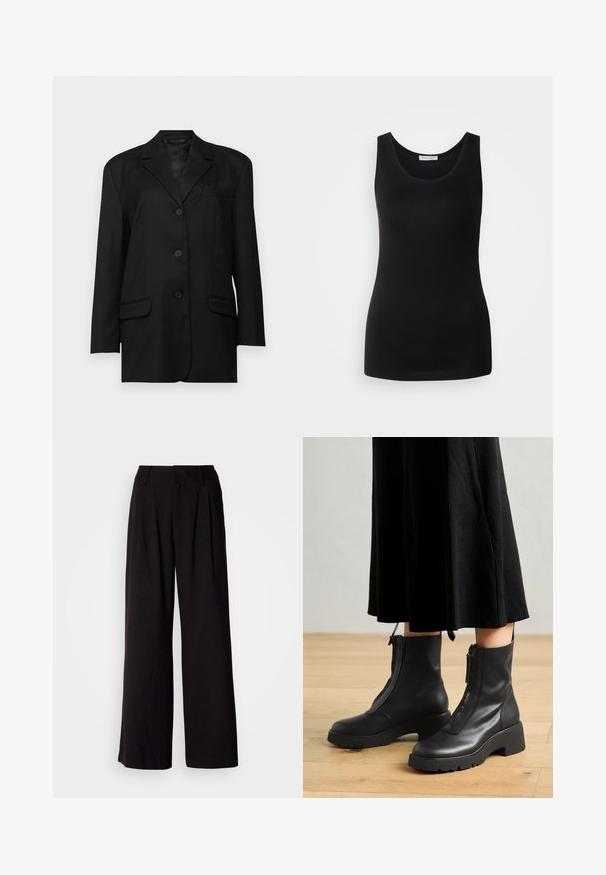 Blazer noir avec un col cranté, fermeture à un bouton sur le devant, deux poches avant et une poche poitrine ; fabriqué en tissu lisse avec une coupe structurée.; Débardeur noir sans manches, en tissu lisse, avec un col rond classique et une coupe ajustée. Pas de motifs ni d'accents.; Pantalon large noir en tissu lisse, avec des plis à l'avant, une taille ajustée, et sans motifs ni accents visibles.; Bottines en cuir noir avec une semelle plateforme épaisse et une fermeture éclair à l'avant. Texture lisse avec un design minimaliste.