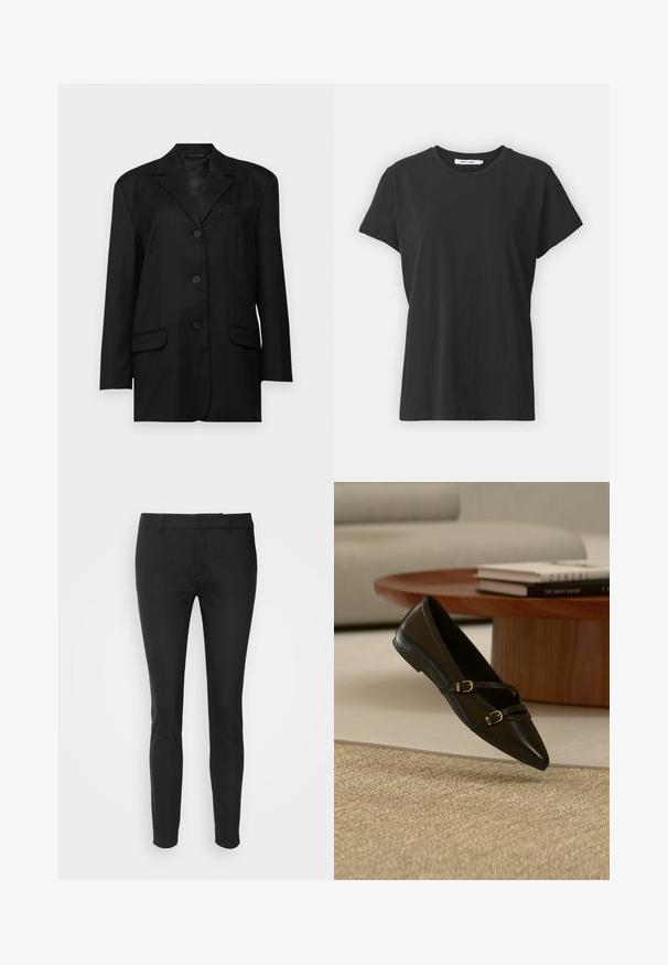 Blazer noir avec un col cranté, fermeture à un bouton sur le devant, deux poches avant et une poche poitrine ; fabriqué en tissu lisse avec une coupe structurée.; T-shirt en coton noir avec un col rond classique, des manches courtes et une coupe décontractée. Texture lisse, sans motifs ni accents visibles.; Pantalons slim-fit noirs en tissu lisse, dotés de poches latérales et d'un design à l'avant plat, offrant une silhouette élégante et ajustée.; Chaussure plate noire à bout pointu avec deux fines brides à boucle flottant au-dessus d'un tapis beige, avec une table basse en bois et des livres en arrière-plan.
