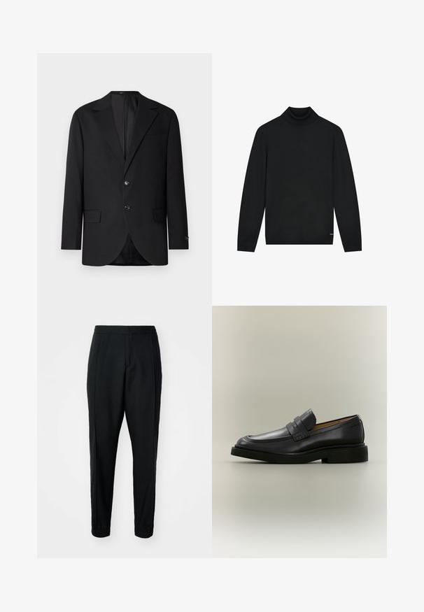 Blazer noir avec un col cranté, fermeture à deux boutons, deux poches avant et une poche poitrine. Tissu lisse et coupe ajustée.; Pull à col roulé noir en matériau doux, avec des manches longues et un col ajusté. Design minimaliste sans motifs visibles.; Pantalons noirs fuselés en tissu lisse, avec taille élastique et poignets. Présente des plis à l'avant pour un aspect ajusté.; Mocassin homme en cuir noir avec un petit talon et une bride sur le dessus, montré de profil sur un fond neutre.