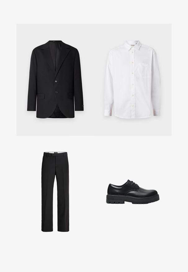 Blazer noir avec un col cranté, fermeture à deux boutons, deux poches avant et une poche poitrine. Tissu lisse et coupe ajustée.; Chemise blanche à manches longues avec un col et une poche poitrine, présentée sur un fond clair.; Pantalon noir avec une coupe ajustée ; présente un devant lisse, deux poches latérales et une texture douce ; fabriqué à partir d'un matériau léger et respirant.; Chaussure en cuir noir à lacets avec une semelle épaisse rainurée et un bout arrondi, vue de profil sur fond blanc.