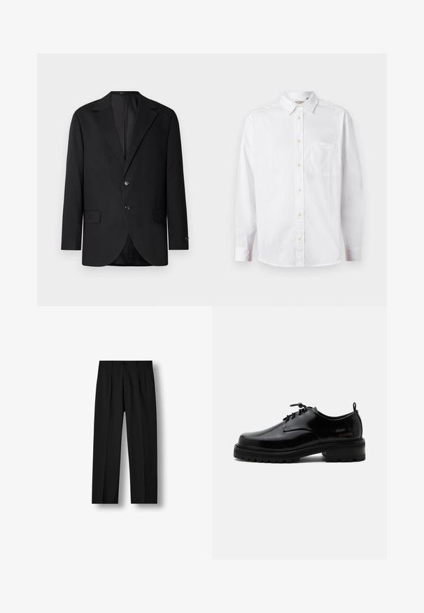 Sort blazer med en notch lapel, dobbel knaplukning, to frontlommer og en enkelt brystlomme. Glat stof og skræddersyet pasform.; Hvid langærmet skjorte med knapper, krave og brystlomme, vist på en ensfarvet lys baggrund.; Sorte bukser med lige ben, forreste plisseringer, knaplukning i taljen og sidelommer på hvid baggrund.; Sort poleret læder snørestøvle med tyk gummisål og lav hæl, sideskilt med mærketekst "SAMSOE" og bageste træksnor.