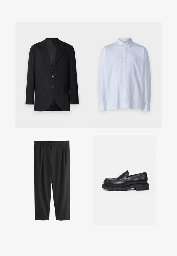 Blazer noir avec un col cranté, fermeture à deux boutons, deux poches avant et une poche poitrine. Tissu lisse et coupe ajustée.; Chemise blanche à boutons en tissu léger, avec un col pointu, des manches longues et une rangée de boutons jaunes sur le devant.; Pantalon noir sur mesure avec passants de ceinture, plis sur le devant, poches latérales et coupe à jambes droites.; Mocassin en cuir noir avec semelle épaisse crantée et détail de bride penny, présenté en profil droit sur fond blanc.
