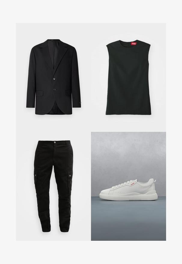 Blazer noir avec un col cranté, fermeture à deux boutons, deux poches avant et une poche poitrine. Tissu lisse et coupe ajustée.; Un haut sans manches noir avec un col rond, en tissu lisse, et une fermeture éclair au dos. Il présente une petite étiquette rouge avec le logo "032c" au niveau du cou.; Pantalons cargo noirs en tissu durable, dotés de poches latérales, d'une fermeture à bouton et d'un design ajusté. Texture lisse avec un détail minimal.; Sneaker blanche avec une finition en cuir lisse, bout rond, quatre œillets, perforations subtiles et un détail de logo rouge sur le côté.