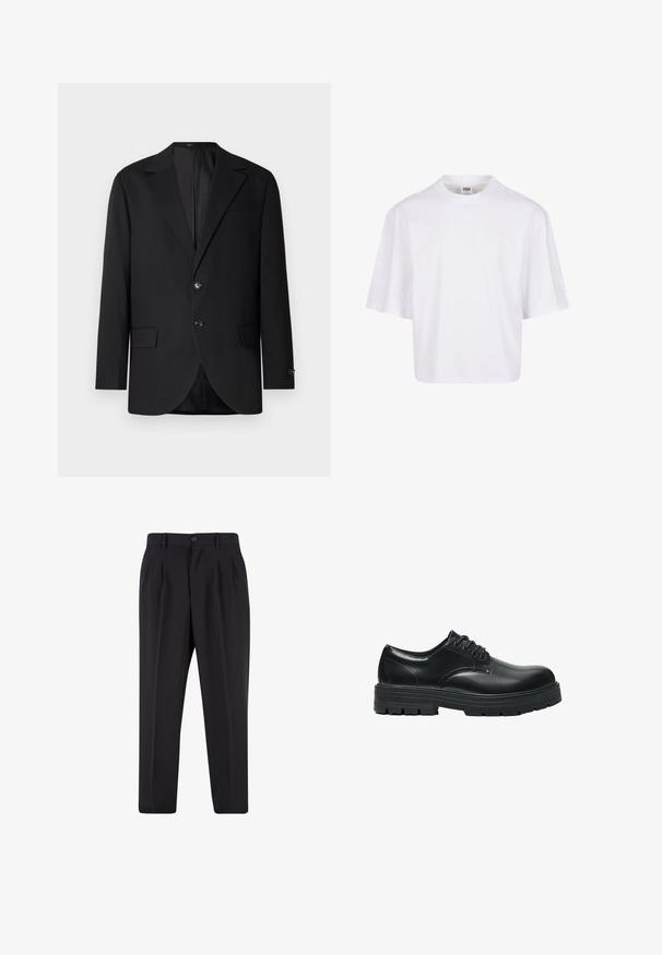 Blazer noir avec un col cranté, fermeture à deux boutons, deux poches avant et une poche poitrine. Tissu lisse et coupe ajustée.; T-shirt blanc à manches courtes avec un col rond et une coupe décontractée, fabriqué à partir d'un tissu en coton mélangé doux. Aucun motif ni embellissement.; Pantalon noir sur mesure avec plis à l'avant, passants pour ceinture et fermeture par bouton à la taille.; Chaussure en cuir noir à lacets avec une semelle épaisse rainurée et un bout arrondi, vue de profil sur fond blanc.