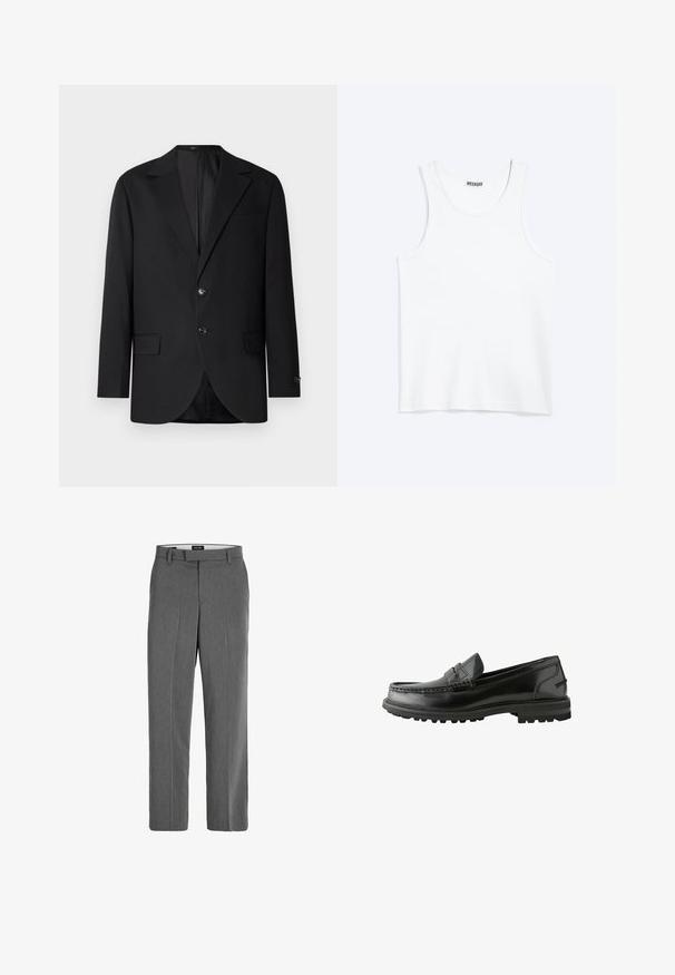 Blazer noir avec un col cranté, fermeture à deux boutons, deux poches avant et une poche poitrine. Tissu lisse et coupe ajustée.; Débardeur blanc sans manches avec col rond et étiquette de la marque Weekday à l'intérieur du col arrière, présenté à plat sur un fond clair.; Pantalon gris avec une texture lisse, une coupe droite et un motif vertical subtil. Comprend des passants de ceinture et des poches avant et arrière.; Mocassins en cuir noir avec une finition lisse, présentant un design cousu, un petit talon empilé et une semelle en caoutchouc durable avec une meilleure adhérence.