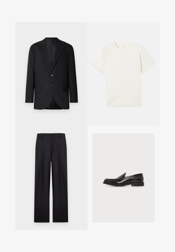 Sort blazer med en notch lapel, dobbel knaplukning, to frontlommer og en enkelt brystlomme. Glat stof og skræddersyet pasform.; Korte ærmer, crew neck t-shirt i lys beige, blødt bomuldsstof med en afslappet pasform og uden synlige mønstre eller accenter.; Sorte, stribede bukser med lige ben, bæltestropper og lynlås foran.; Sort læderslip-on loafer med lav hæl og syninger, sidemærke, på ensfarvet hvid baggrund.