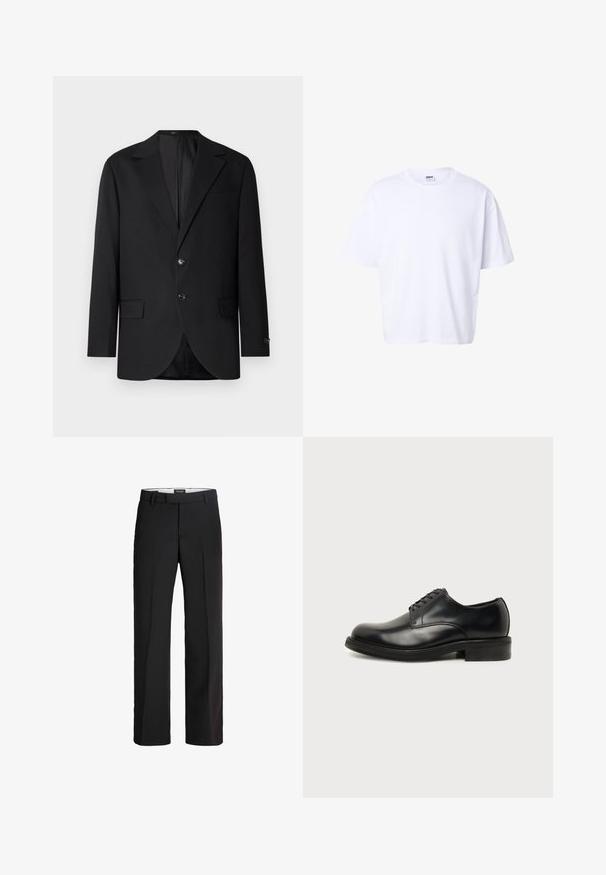 Blazer noir avec un col cranté, fermeture à deux boutons, deux poches avant et une poche poitrine. Tissu lisse et coupe ajustée.; T-shirt blanc uni en coton à manches courtes, col rond, coupe ample et étiquette de marque Urban Classic à l'intérieur du col.; Pantalon noir avec une coupe ajustée ; présente un devant lisse, deux poches latérales et une texture douce ; fabriqué à partir d'un matériau léger et respirant.; Chaussure de ville pour homme en cuir noir poli avec laçage fermé, bout rond et petit talon sur un fond clair uni.