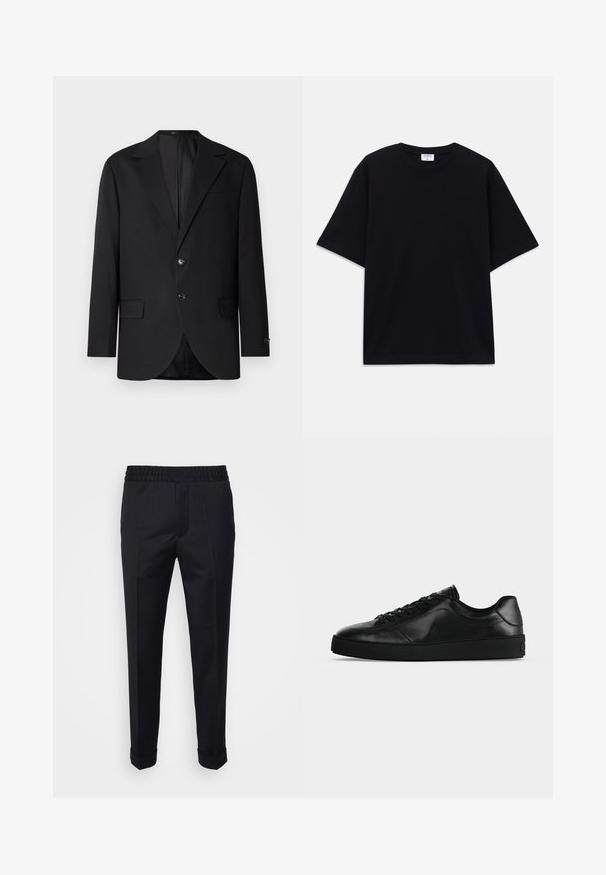 Blazer noir avec un col cranté, fermeture à deux boutons, deux poches avant et une poche poitrine. Tissu lisse et coupe ajustée.; T-shirt noir à manches courtes oversize avec un col rond et une étiquette de marque Filippa K visible à l'intérieur du col.; Pantalon noir en tissu léger, avec une taille élastique, des poches latérales et des poignets roulés. Texture lisse avec des plis à l'avant.; Sneaker noir en cuir à profil bas avec lacets sur le devant et semelle plate texturée, montré de profil sur un fond neutre.