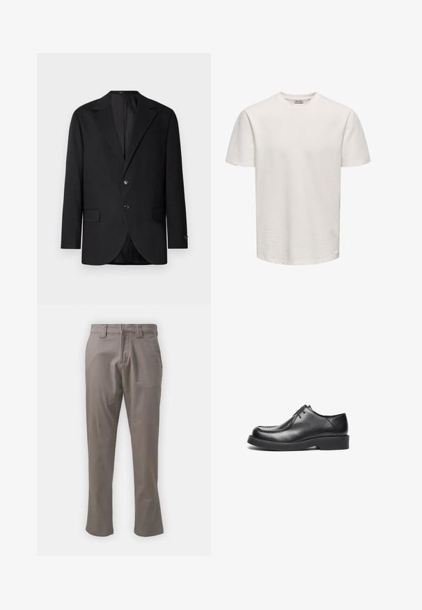 Sort blazer med en notch lapel, dobbel knaplukning, to frontlommer og en enkelt brystlomme. Glat stof og skræddersyet pasform.; Simpel hvid, kortærmet t-shirt med tekstur og rund hals, vist på en ensfarvet baggrund uden synlige logoer eller designs.; Lys grå, lige bukser lavet af glat stof. Har en standard talje og bæltestropper, ingen synlige mønstre eller udsmykninger.; Sorte lædersko med rund tå, lige søm detaljer og en lavprofil gummisål. Klassisk rent design, snørelukning.
