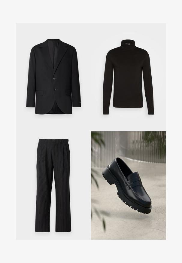 Sort blazer med en notch lapel, dobbel knaplukning, to frontlommer og en enkelt brystlomme. Glat stof og skræddersyet pasform.; Sort turtleneck langærmet skjorte lavet af et glat stof med en tætsiddende design og en høj, tætsiddende krave. Ingen mønstre eller accenter synlige.; Jack & Jones JPSTBILL JJDAYTONA WIDE CHINO - Chino - black; Sorte læder loafers med en chunky sål, der har en dekorativ rem og syninger. Glat tekstur med en poleret overflade.