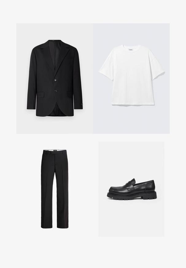 Blazer noir avec un col cranté, fermeture à deux boutons, deux poches avant et une poche poitrine. Tissu lisse et coupe ajustée.; T-shirt blanc oversize à manches courtes, col rond, épaules tombantes, posé à plat sur fond gris clair.; Pantalon noir avec une coupe ajustée ; présente un devant lisse, deux poches latérales et une texture douce ; fabriqué à partir d'un matériau léger et respirant.; Mocassin en cuir noir avec semelle épaisse crantée et détail de bride penny, présenté en profil droit sur fond blanc.