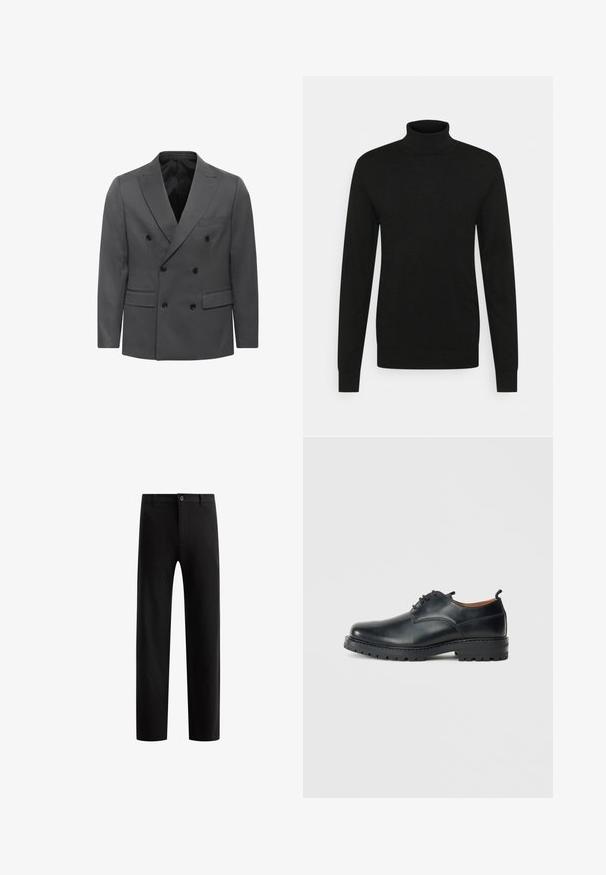 Blazer gris de corte cruzado con patrón de espiga, que cuenta con solapas de muesca, dos bolsillos frontales y detalles en botones negros. Interior forrado.; Jersey de cuello alto negro hecho de un material suave y elástico. Mangas largas, cuello y puños acanalados, y una silueta ajustada.; Pantalones negros a medida con un diseño frontal plano, piernas rectas, cierre de botón único y presillas para cinturón, confeccionados en una tela suave sin patrones visibles.; Zapatos derby de cuero negro con una textura suave, punta redondeada, diseño de cordones y una suela de goma gruesa y resistente.