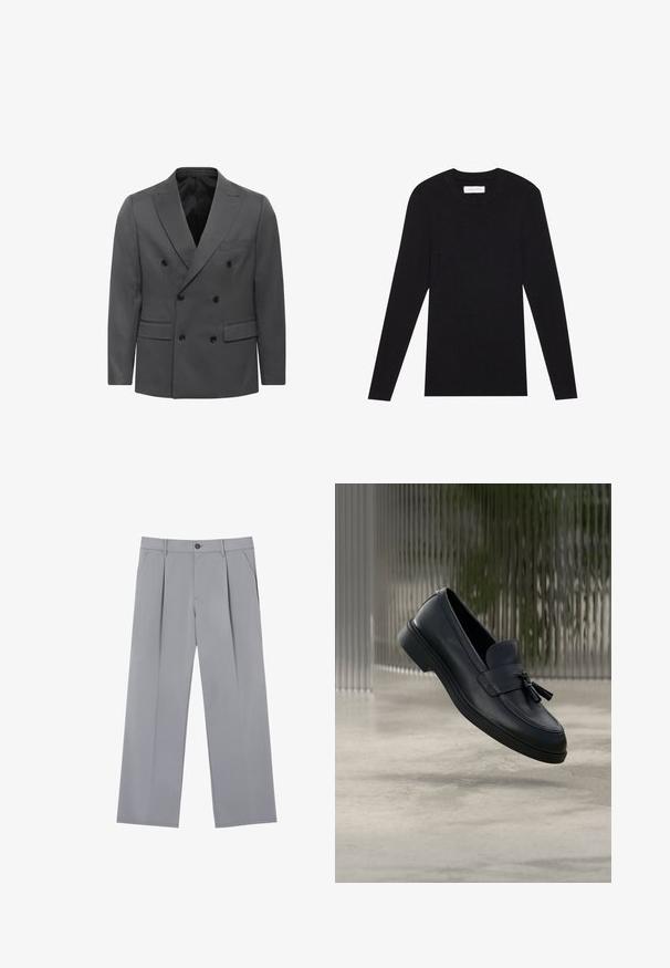 Grau gestreifter Doppelreiher-Blazer im Fischgrätenmuster, mit geknackten Revers, zwei Fronttaschen und schwarzen Knopfdetails. Fütterung im Inneren.; Pier One MUSCLE FIT KNITJUMPER - Strickpullover - black; Grau gefaltete Hose mit entspannter Passform, aus leichtem Stoff gefertigt. Verfügt über Vordertaschen und einen Knopfverschluss an der Taille.; Schwarze Leder-Loafer mit glatter Textur, gerundeter Zehenpartie und dekorativen Quasten vorne. Flexible Gummisohle mit niedrigem Absatz.