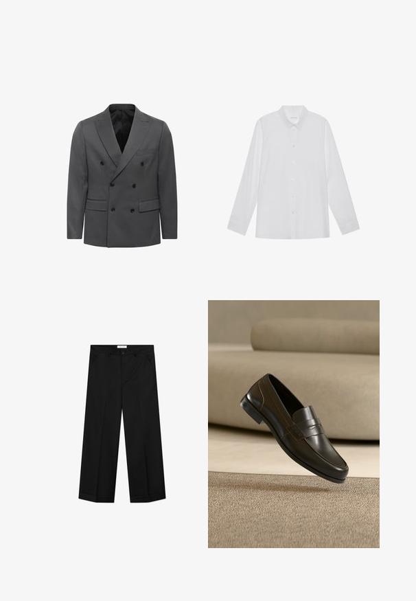 Blazer gris de corte cruzado con patrón de espiga, que cuenta con solapas de muesca, dos bolsillos frontales y detalles en botones negros. Interior forrado.; Camisa blanca de manga larga hecha de tela suave, con cuello puntiagudo, cierre frontal de botones y puños de un solo botón.; Pantalones negros de pierna ancha hechos de un material liso, con bolsillos delanteros, cierre de botón y una plancha a lo largo de cada pierna.; Mocasín de cuero negro con un diseño elegante y una correa decorativa, mostrado sobre una alfombra beige texturizada y un fondo neutral de sofá.