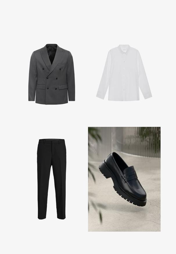 Dobbeltradet grå blazer i herringbone-mønster med krave, to frontlommer og sorte knapdetaljer. Foret inderside.; Hvid langærmet skjorte lavet af glat stof, med spidse krave, frontknaplukning og enknapsmanchetter.; Sorte bukser lavet af glat stof, med lige snit, bæltestropper og et fladt frontdesign uden synlige mønstre eller pyntegenstande.; Sorte læder loafers med en chunky sål, der har en dekorativ rem og syninger. Glat tekstur med en poleret overflade.