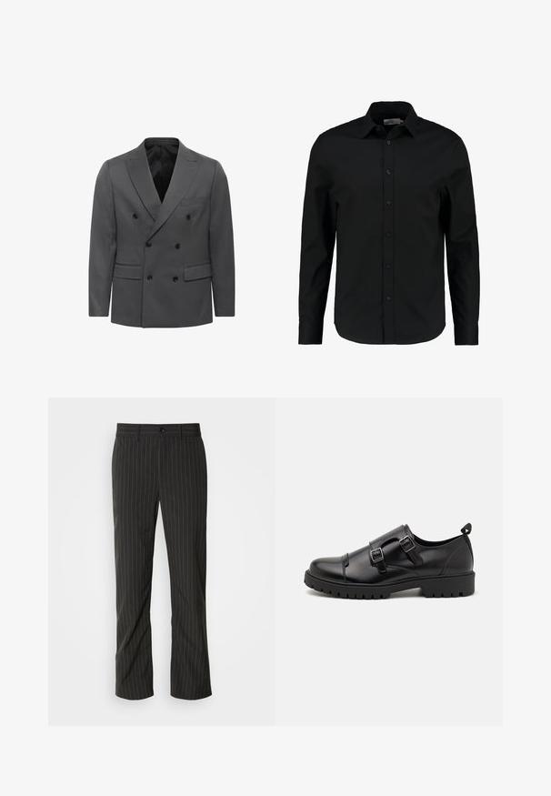 Grijs dubbel-breasted blazer in een herringbone patroon, met geknoopte revers, twee voorkeuzes en zwarte knoopaccenten. Gevoerde binnenkant.; Zwarte lange mouw shirt gemaakt van een gladde stof, heeft een knoopsluiting aan de voorkant, een spitse kraag en een getailleerde pasvorm met een gebogen zoom.; Zwarte broek met streepjes en een rechte snit. Beschikt over een gladde textuur, een sluiting met knoop aan de voorkant en riemlussen.; Pier One Zakelijke loafers - black