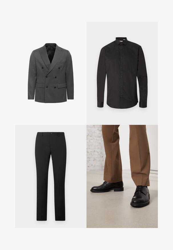 Grau gestreifter Doppelreiher-Blazer im Fischgrätenmuster, mit geknackten Revers, zwei Fronttaschen und schwarzen Knopfdetails. Fütterung im Inneren.; Schwarzes Langarmhemd aus glattem Baumwollstoff, mit einer Knopfleiste vorne, klassischem Kragen und abgerundetem Saum. Schlichtes Design, ohne Muster.; Schwarze, maßgeschneiderte Hose mit geradem Bein, ausgestattet mit Knopfverschluss und Gürtelschlaufen. Hergestellt aus glattem Stoff ohne sichtbare Muster.; Schwarze Lederschuhe mit glatter Oberfläche und runder Zehenpartie, mit Schnürverschluss und einer flachen, niedrigen Sohle. Kombiniert mit braunen Hosen.