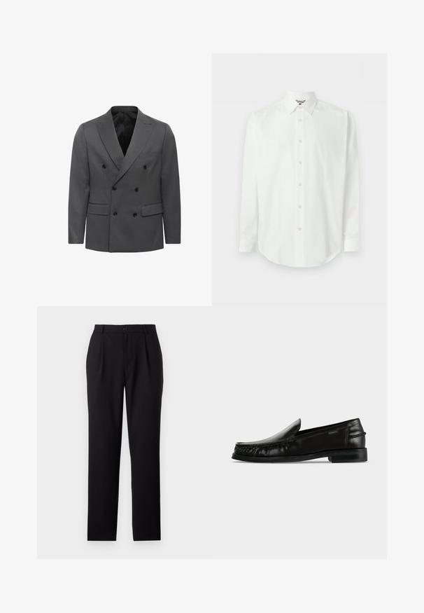 Grau gestreifter Doppelreiher-Blazer im Fischgrätenmuster, mit geknackten Revers, zwei Fronttaschen und schwarzen Knopfdetails. Fütterung im Inneren.; Weißes Hemd mit langen Ärmeln, Knopfleiste vorne, klassischem Kragen und Manschetten, auf hellem einfarbigem Hintergrund präsentiert.; Schwarze Anzughose mit geradem Bein, aus glattem Material gefertigt. Sie verfügt über Vorderfalten und einen Knopfverschluss an der Taille.; Schwarzer Leder-Slipper mit geflochtenen Details an den Seiten und niedrigem Absatz auf weißem Hintergrund.