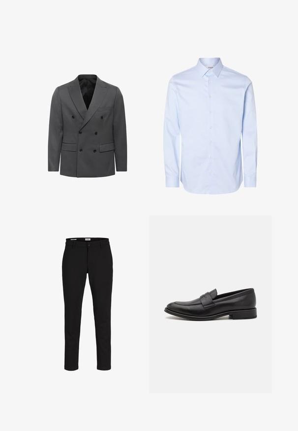 Blazer gris de corte cruzado con patrón de espiga, que cuenta con solapas de muesca, dos bolsillos frontales y detalles en botones negros. Interior forrado.; Camisa de vestir para hombre de manga larga en azul claro con cuello puntiagudo y botones blancos en la parte delantera sobre un fondo blanco.; Pantalones negros de corte entallado con presillas para cinturón, cierre frontal con botón y cremallera, exhibidos sobre un fondo blanco.; Mocasín de cuero negro con un acabado suave, una tira decorativa en la parte superior, punta redondeada y un tacón bajo apilado.