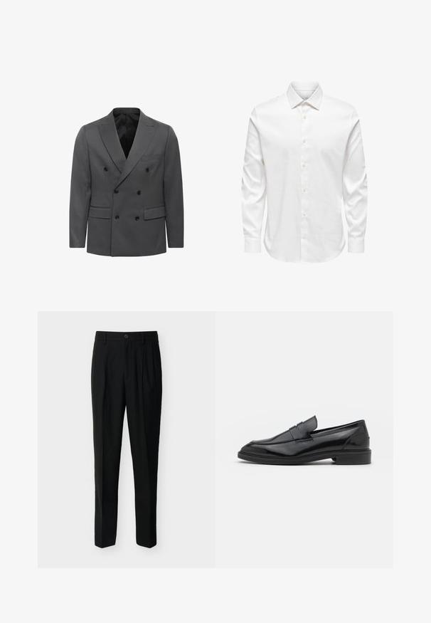 Dobbeltradet grå blazer i herringbone-mønster med krave, to frontlommer og sorte knapdetaljer. Foret inderside.; Hvid herreskjorte med lange ærmer, spids krave og række af hvide knapper foran på ensfarvet baggrund.; Sorte, skræddersyede bukser med høj talje, bæltestropper, forreste læg, sidelommer samt knap- og lynlåslukning.; Sorte læder loafers med en glat overflade, der har en rund tå og en smal bånd over det øverste. Lav stablet hæl.
