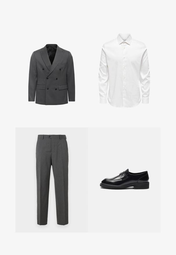 Grau gestreifter Doppelreiher-Blazer im Fischgrätenmuster, mit geknackten Revers, zwei Fronttaschen und schwarzen Knopfdetails. Fütterung im Inneren.; Weißes Herrenhemd mit langen Ärmeln, spitzem Kragen und einer vorderen Reihe weißer Knöpfe auf einfarbigem Hintergrund.; Dunkelgraue Herrenanzughosen mit dezenten Nadelstreifen, Knopfverschluss, Gürtelschlaufen und geradem Bein-Design vor einem weißen Hintergrund.; Zign by Zalando LEATHER - Business-Slipper - black