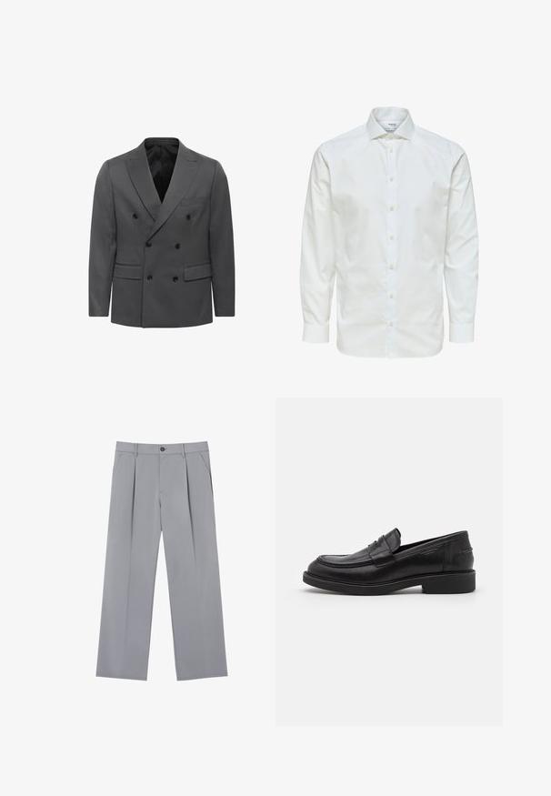 Dobbeltradet grå blazer i herringbone-mønster med krave, to frontlommer og sorte knapdetaljer. Foret inderside.; Hvid skjorte med lange ærmer med knaplukning foran og spids krave, vist mod en hvid baggrund.; Grå plisserede bukser med en afslappet pasform, lavet af et letvægtsstof. Har forlommer og en knaplukning i taljen.; Sorte læder loafers med en rund tå, tonale syninger og en stropdetalje foran. Gummisål med en lav hæl.