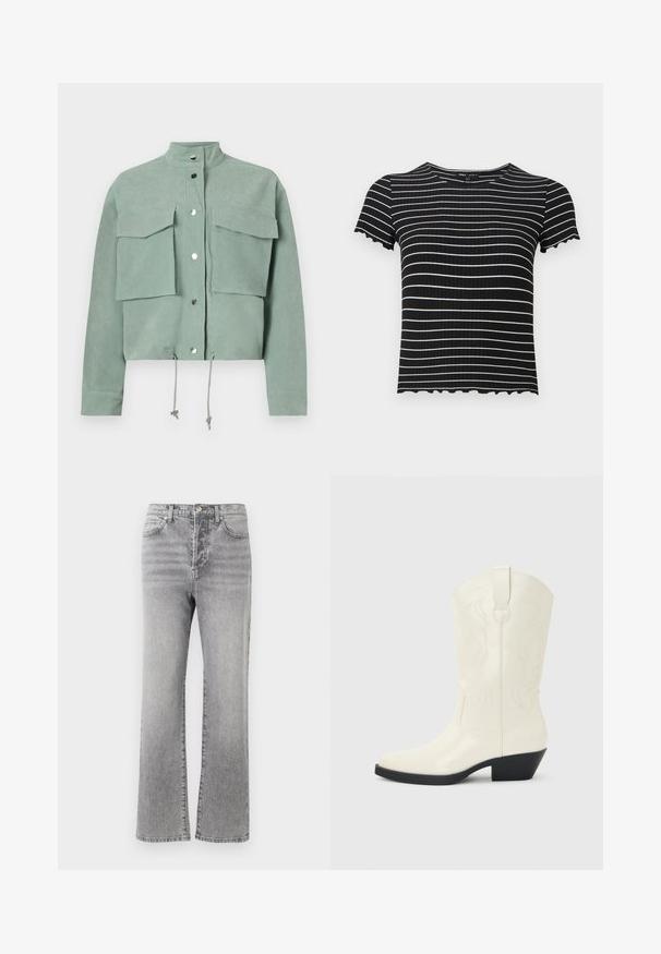 Chaqueta verde corta de manga corta con dos bolsillos frontales y botones a presión, con cordones en el dobladillo y un cuello alto.; Top negro de manga corta con relieve y rayas blancas horizontales. Los puños y el escote con detalle festoneado realzan su diseño. Apto para uso casual.; Jeans de mezclilla gris con un diseño de pierna recta, cintura de altura media, estilo de cinco bolsillos y un ligero desgaste para dar textura. Detalles de botón metálico y costuras.; Bota blanca de estilo occidental hasta la mitad de la pantorrilla, con punta puntiaguda, tacón apilado negro, costuras decorativas y tira para tirar en el eje.