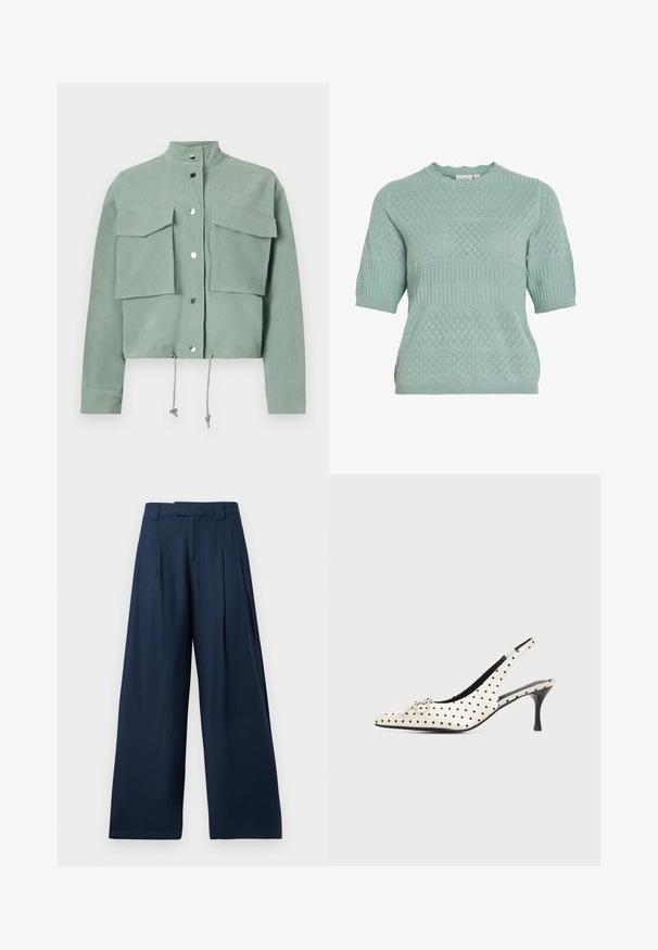 Chaqueta verde corta de manga corta con dos bolsillos frontales y botones a presión, con cordones en el dobladillo y un cuello alto.; Jersey de punto de manga corta de color verde claro con patrones texturizados de rombos y canalé y escote redondo.; Pantalones de pierna ancha en azul marino con cintura alta, trabillas para cinturón, pliegues frontales y cierre frontal oculto.; Zapato de tacón alto slingback de cuero blanco con lunares negros y un pequeño lazo decorativo en la punta puntiaguda sobre un fondo liso.